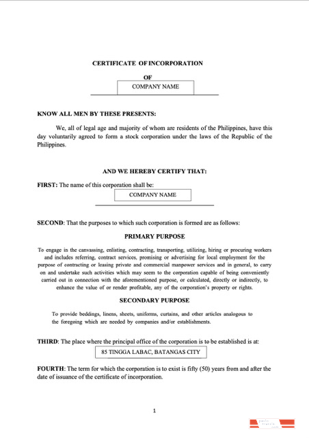 Philippines Batangas certificate of incorporation Word and PDF template